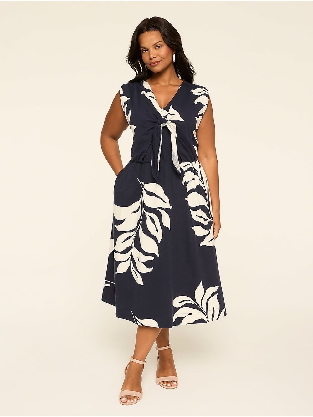 Lane Bryant Navy Tie-Front Midi Dress with White Leaf Print